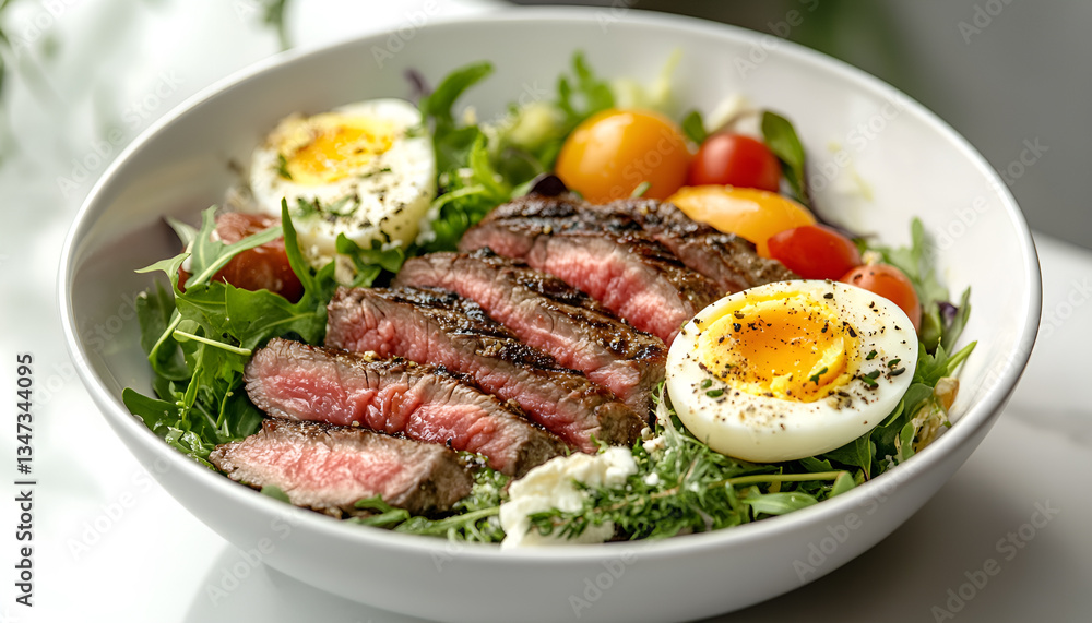 showcasing food from the top of the bowl, a white bowl, on a white counter, in the bowl eggs, steak, salad showcasing food from the top of the bowl, a white bowl, on a white counter, in the bowl eggs, steak, salad