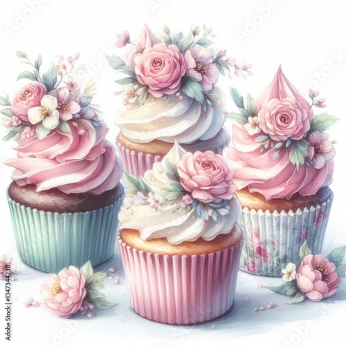 Exquisite Pink White Cupcakes with Delicate Floral Decorations Watercolor Style Bakery Illustration