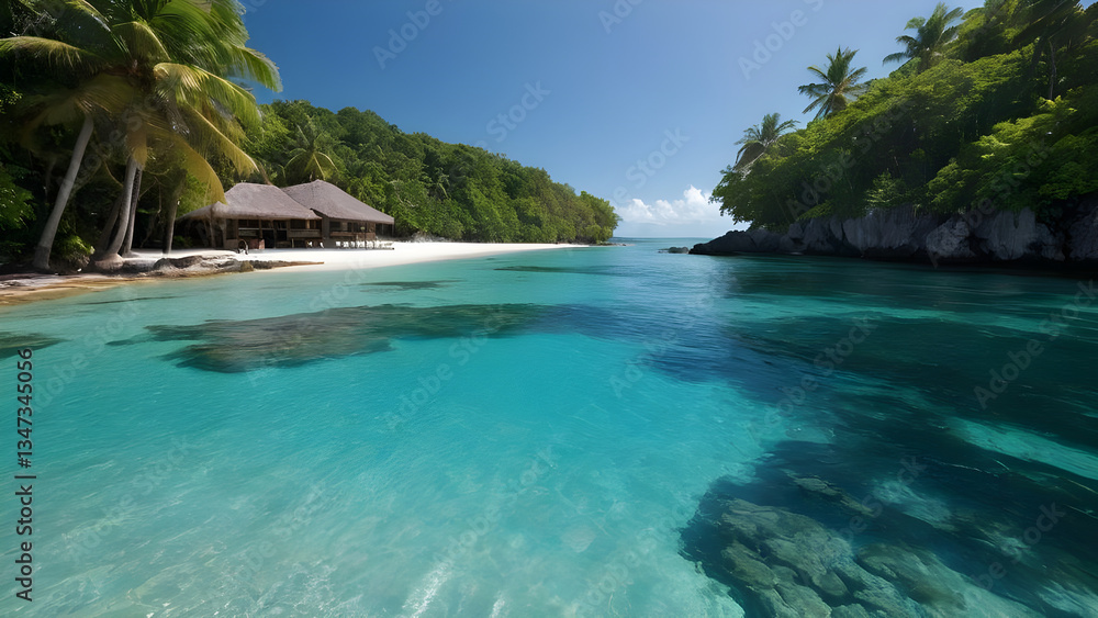 Fototapeta premium Tropical beach bar inviting tourists to relax in French Polynesia