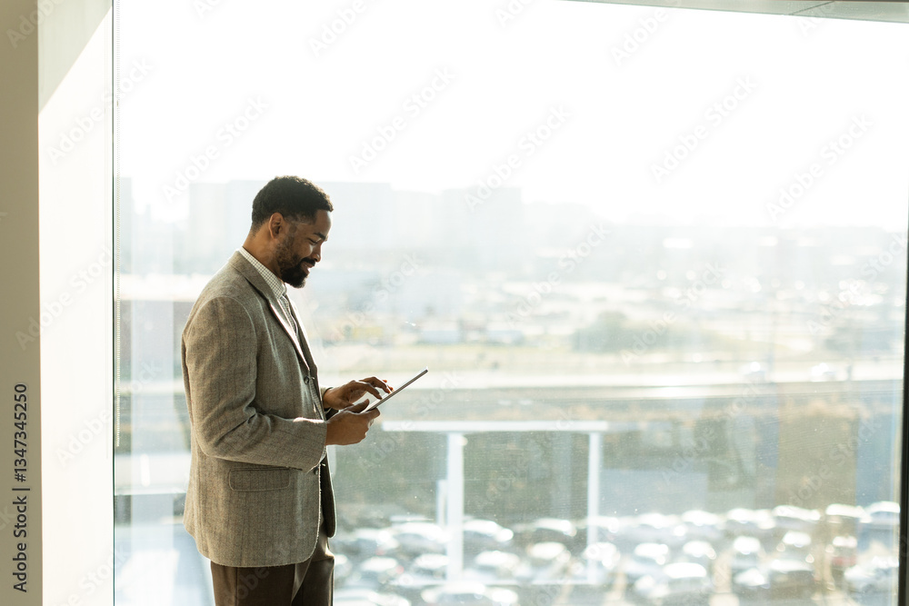 Businessman in a modern office space engages with a tablet while overlooking the city skyline Businessman in a modern office space engages with a tablet while overlooking the city skyline