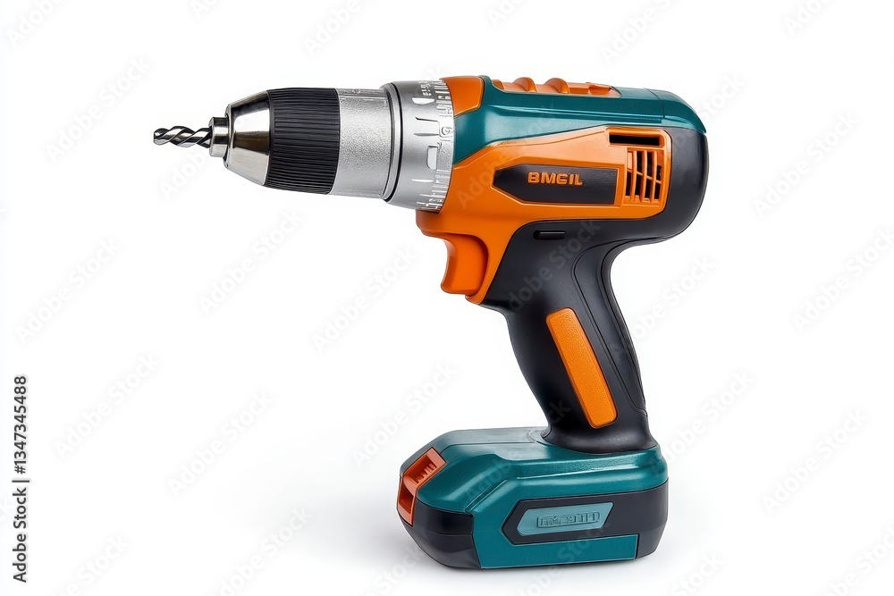 Cordless Drill Teal and Orange Power Tool on White Cordless Drill Teal and Orange Power Tool on White