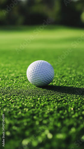 A golf ball resting on a well-maintained course with a soft-focus background of trees and grass.

