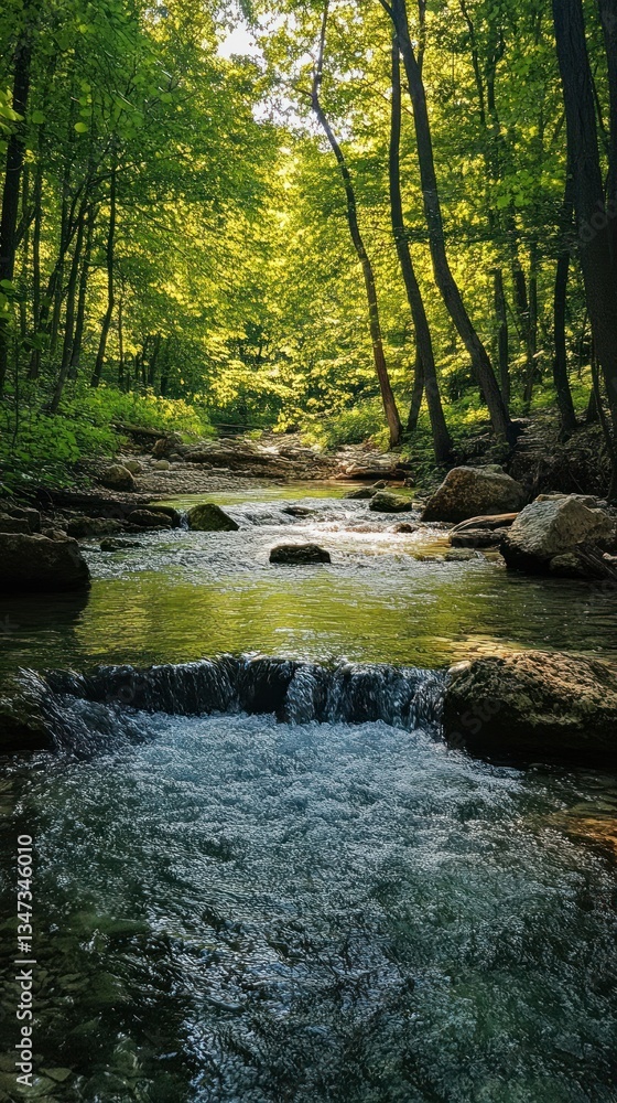 A flowing stream cascades through the lush green forest landscape setting A flowing stream cascades through the lush green forest landscape setting