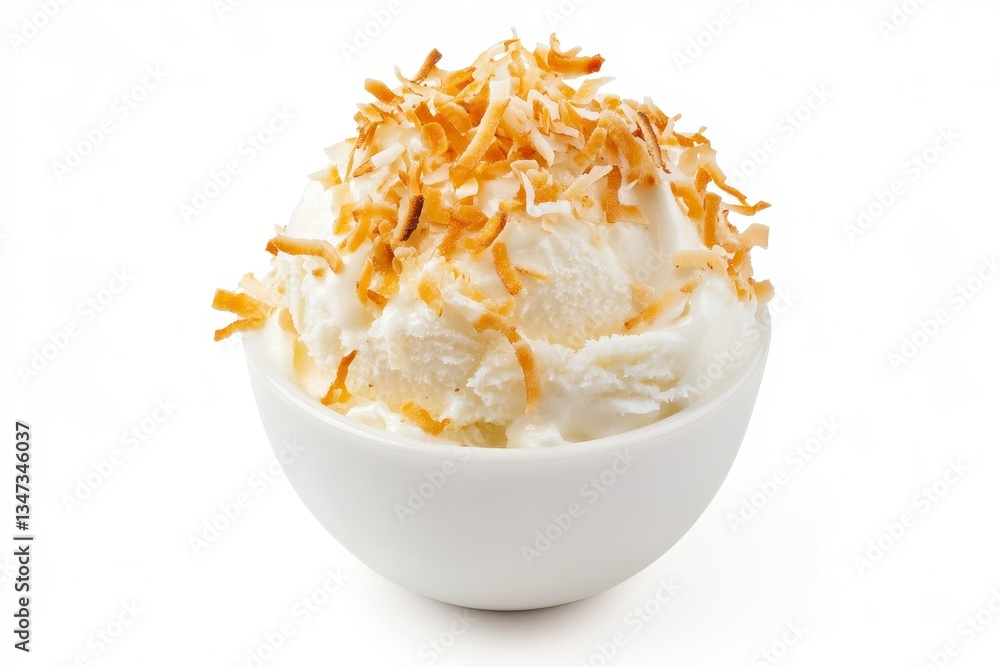 Creamy White Ice Cream with Toasted Coconut Flakes in White Bowl Creamy White Ice Cream with Toasted Coconut Flakes in White Bowl