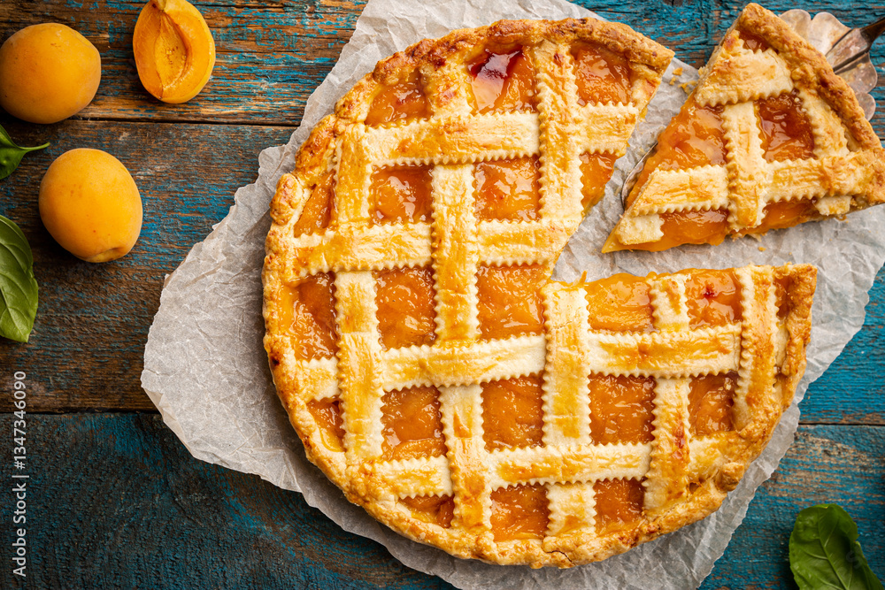 Summer apricot or peach pie homemade on blue wooden background, top view. Delicious fruit dessert. Fruit cake. Copy space.