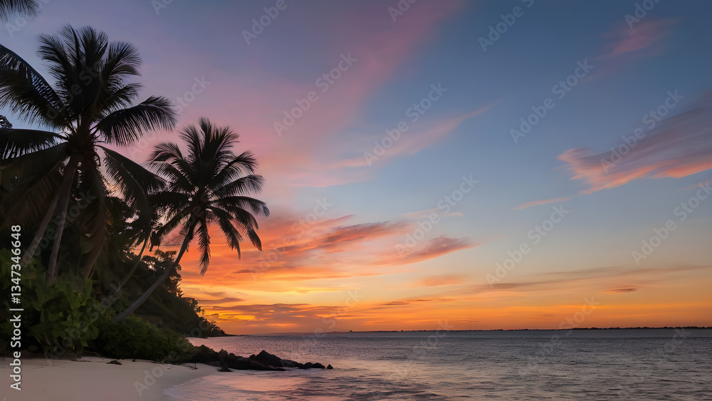 Tropical beach with palm trees at sunset creating a relaxing and idyllic scene Tropical beach with palm trees at sunset creating a relaxing and idyllic scene