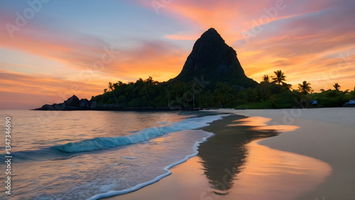 Dramatic sunset illuminating Mount Otemanu in Bora Bora, French Polynesia