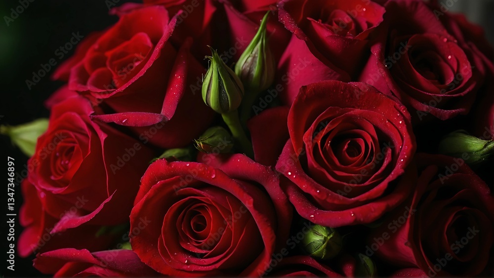 Obraz premium Dramatic Crimson Rose Bouquet – Velvety Petals with Glistening Water Droplets