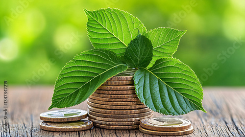 Sprouting Success Coins and Leaves Symbolizing Financial Growth in Natural Setting Concept
