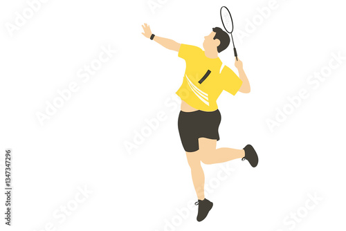 A badminton player is in mid-air, performing a jump smash.