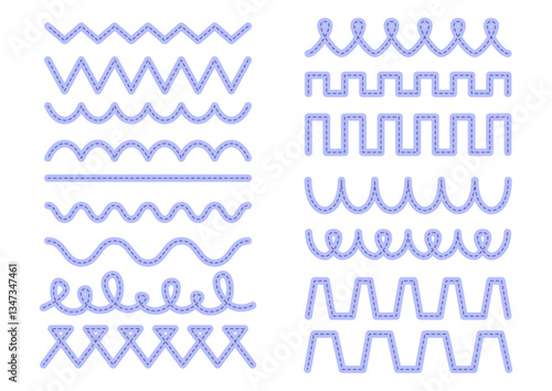 Set of lines of different shapes for tracing, writing practice, learning to write, handwriting. Dotted purple lines on a white background, wavy, zigzag. Preschool children's education, printable tasks