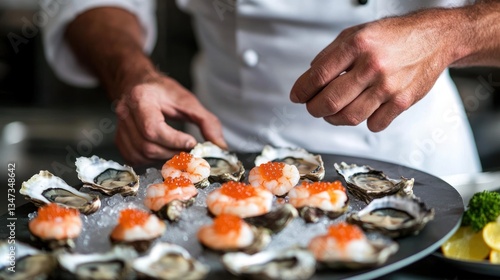Chef Preparing Gourmet Oysters with Shrimp and Caviar