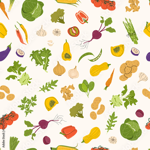 Pattern with natural farm food. Autumn vegetables and herbs compositions. Grocery products. Vegan and healthy life. For infographics, identity decoration, social media post menu, recipe design.	