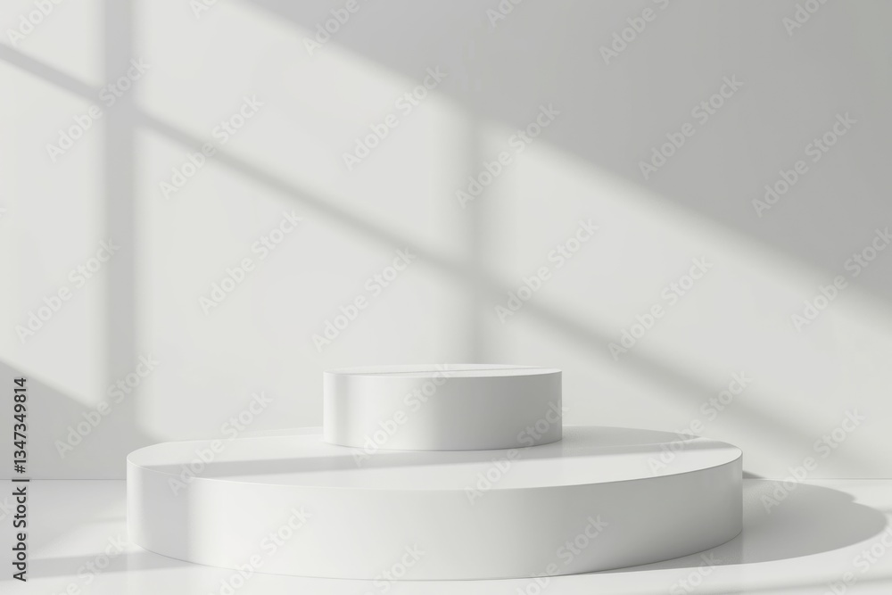 Minimalist white two-tiered display platform with sunlight shadows, perfect for product showcasing. Minimalist white two-tiered display platform with sunlight shadows, perfect for product showcasing.