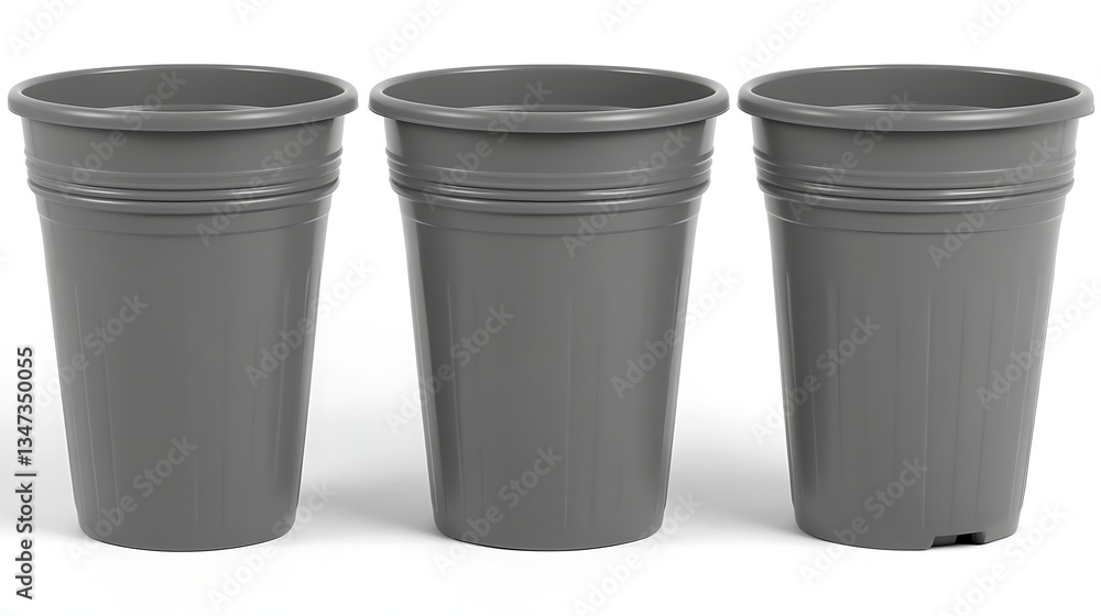 Three gray flower pots in a studio with white background Three gray flower pots in a studio with white background