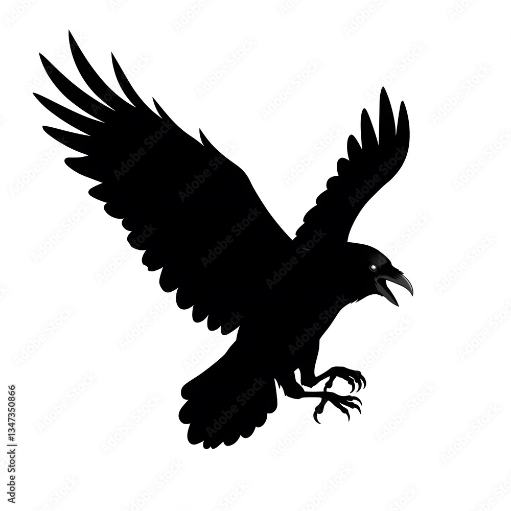 Obraz premium Majestic Raven in Flight: A Striking Silhouette Against a White Background