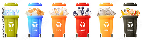 Garbage inside trash bins. Waste management concept: segregation, separation, trash bins, sorting, recycling, garbage can. Paper, plastic, scrap metal, glass, organic waste, e-waste.