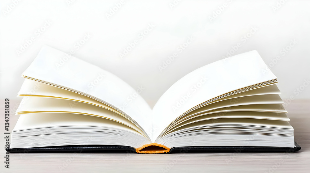 Open Book With White Blank Pages and Golden Edges on Light Wooden Surface with White Background Open Book With White Blank Pages and Golden Edges on Light Wooden Surface with White Background