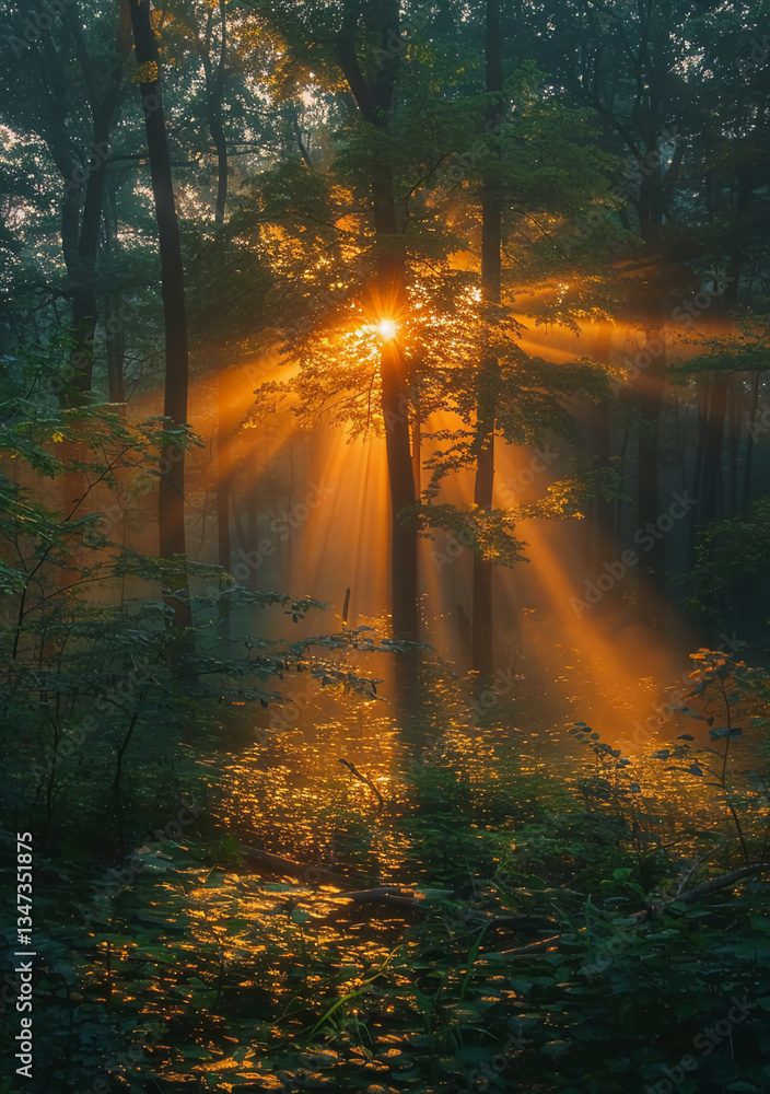 Obraz premium Sunlight Streaming Through Trees in Forest Creating Golden Light Rays