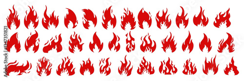 Fire icons. Hot burning flame, campfire and energy red symbols. Awesome, exciting or cool fire emoji, blaze bonfire. Fireball logo isolated vector set