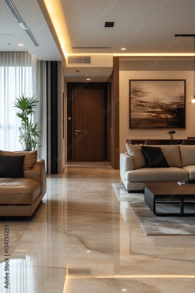 Fototapeta premium Retro modern hall interior showcases sleek design with minimalist decor. Concept emphasizes retro modern hall interior aesthetic, blending style with functionality seamlessly.