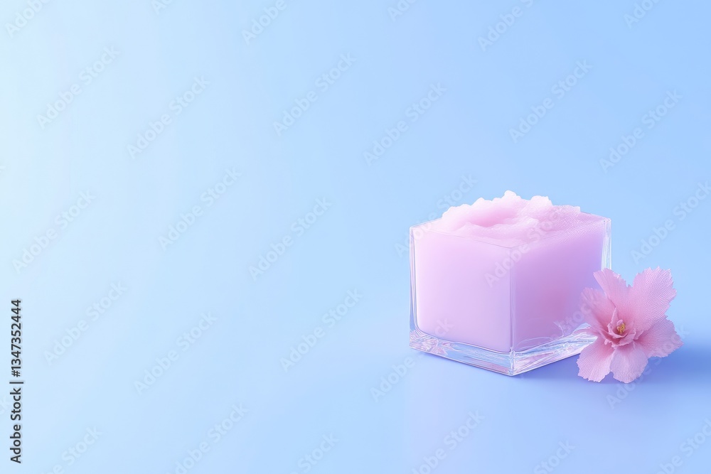Pink face cream in a glass jar, next to a delicate flower, on a pastel blue background Pink face cream in a glass jar, next to a delicate flower, on a pastel blue background