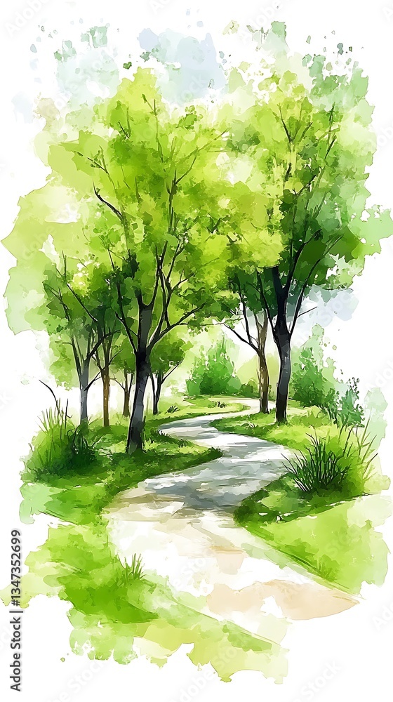 Obraz premium Winding Path for Green Park, Watercolor Landscape.