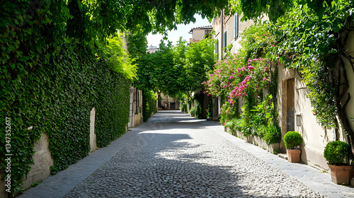 Stone Paved Alleyway Lined With Green Foliage and Flowering Vines Under Bright Sunlight in European Town