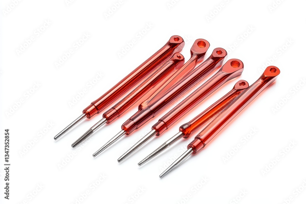 Six Translucent Amber Drafting Tools with Metallic Tips on White Background Six Translucent Amber Drafting Tools with Metallic Tips on White Background