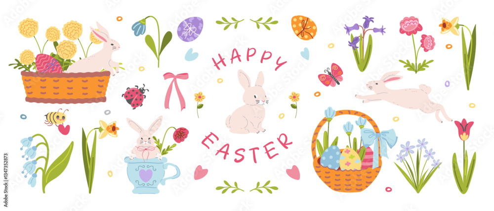 Happy Easter Set of hand drawn doodle coquette elements. Cute eggs, bunnies, butterflies, bee, bows, flowers, leaves, baskets. Cottage care style. Vintage whimsical vector illustration Happy Easter Set of hand drawn doodle coquette elements. Cute eggs, bunnies, butterflies, bee, bows, flowers, leaves, baskets. Cottage care style. Vintage whimsical vector illustration