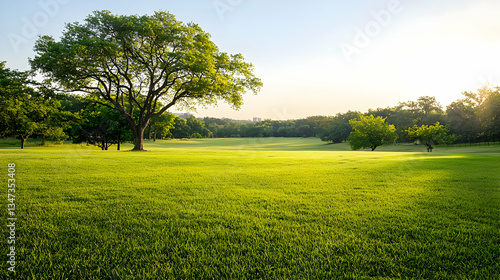 Green Field Illuminated By Sunlight With Trees In The Background And Lush Green Grass