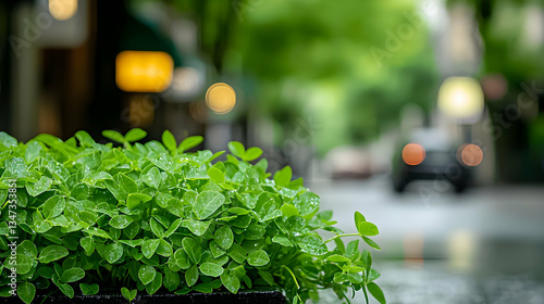 Close Up Of Green Bush With Raindrops On Street With Blurred Background And Bokeh Light