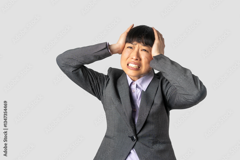 Woman overwhelmed with stress and concern, confusion and doubt, hands to head, on grey background copy space. Woman overwhelmed with stress and concern, confusion and doubt, hands to head, on grey background copy space.