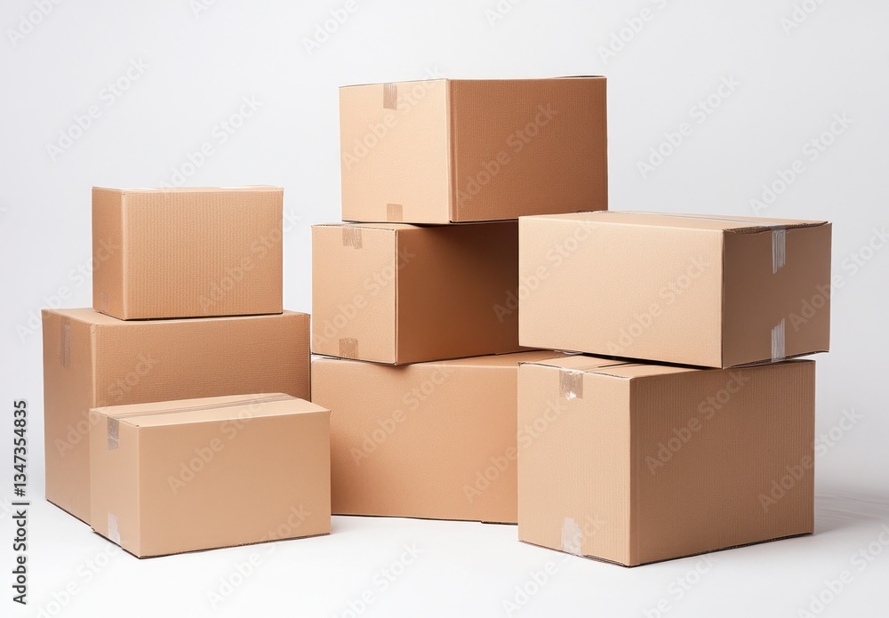 Stacked Cardboard Boxes Ready for Shipping or Moving on White Backdrop Stacked Cardboard Boxes Ready for Shipping or Moving on White Backdrop