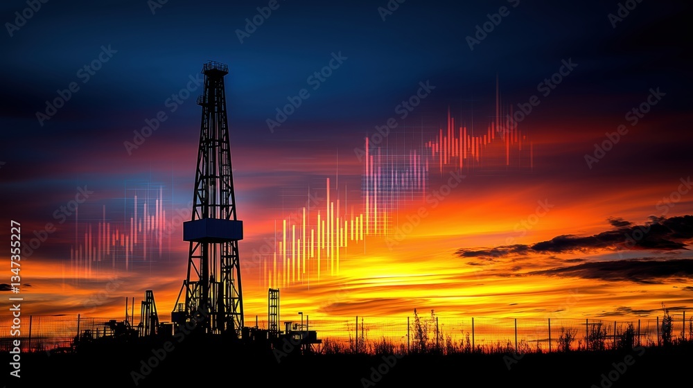 Drilling rig at sunset with digital soundwave overlay depicting energy trends in the oil industry Drilling rig at sunset with digital soundwave overlay depicting energy trends in the oil industry
