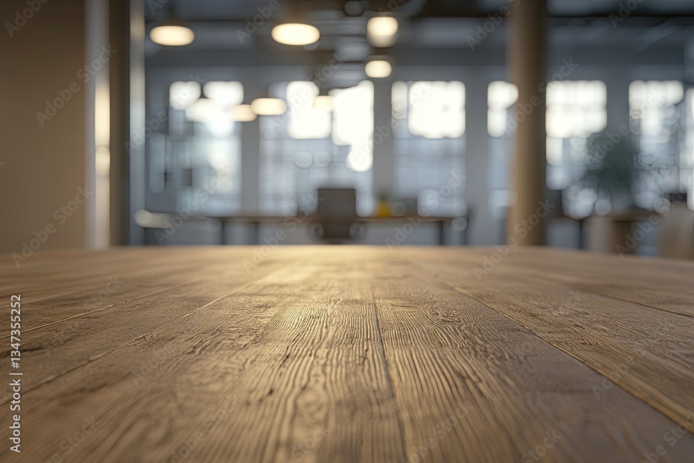 Modern office workspace. Wooden table top, with blurred background of an open plan office Modern office workspace. Wooden table top, with blurred background of an open plan office
