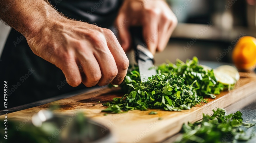 Chef's Hands Precisely Chopping Fresh Herbs on Wooden Board Chef's Hands Precisely Chopping Fresh Herbs on Wooden Board