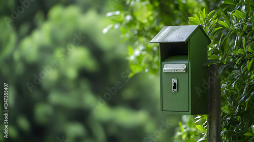 Green Mailbox Standing On Wooden Post Beside Tree With Green Leaves In Natural Environment