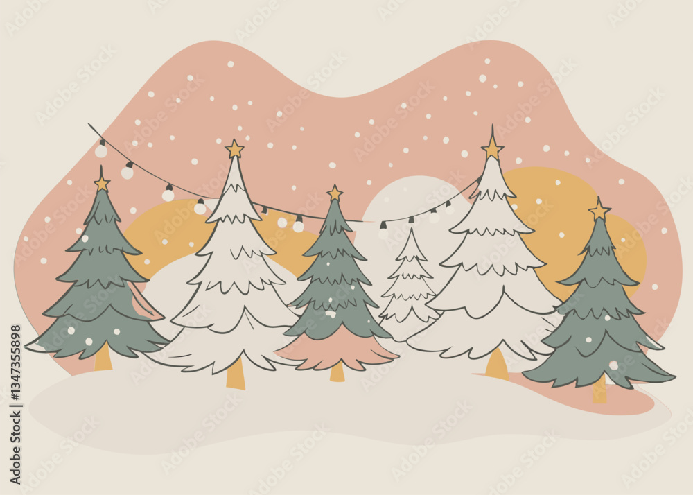 Obraz premium Festive Winter Landscape with Christmas Trees and Lights