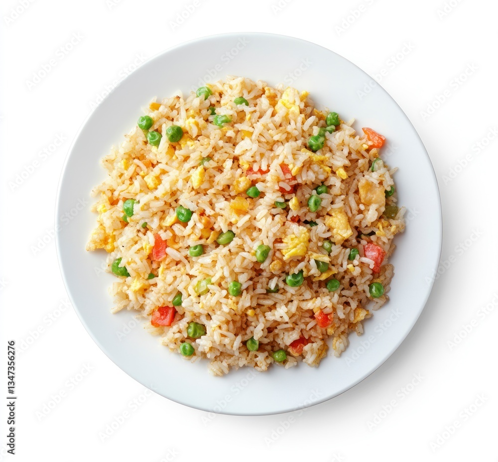 Delicious Fried Rice with Peas, Egg, and Tomato on White Plate Delicious Fried Rice with Peas, Egg, and Tomato on White Plate