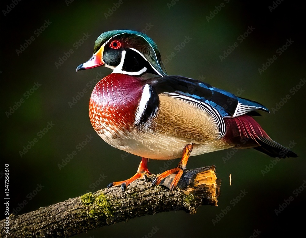 Obraz premium Photography of Wood Duck with Beautiful Feathers Perched on a Tree Branch