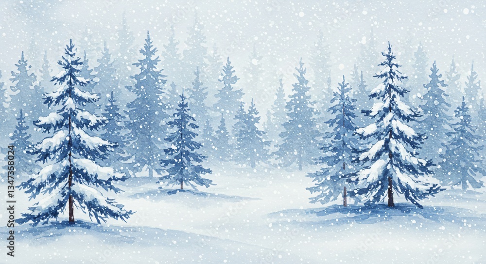 Obraz premium Enchanting Winter Watercolor Scene – Snowy Forest & Frosty Pines