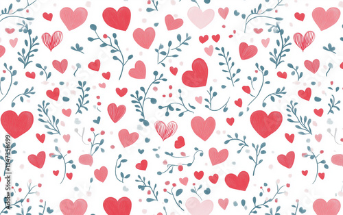 Valentine's Day Seamless Pattern: Red and Pink Hearts with Floral Elements on White