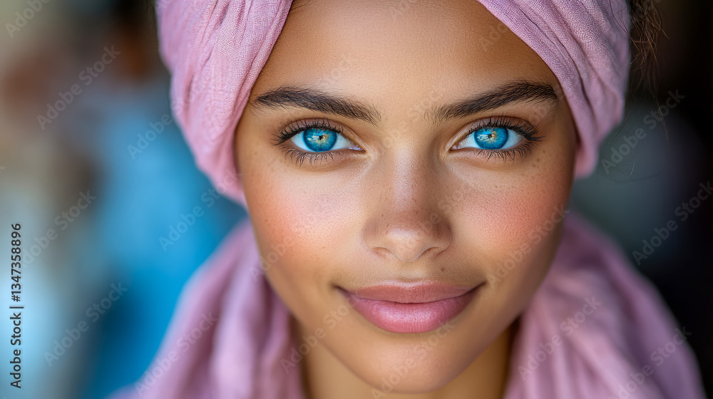 Enigmatic Beauty: A Close-Up Portrait with Striking Blue Eyes & Rose Headscarf Enigmatic Beauty: A Close-Up Portrait with Striking Blue Eyes & Rose Headscarf
