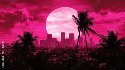 Vibrant Sunset Over a Cityscape with Palm Trees