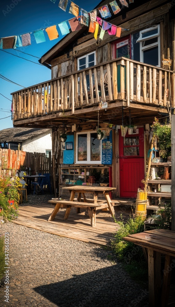 Rustic wooden shop with colorful flags, a red door, and picnic tables.