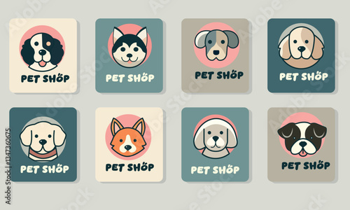 A set of vector logos featuring different dog breeds for a pet shop. Includes cute, stylized dog faces inside a circle with the text PET SHOP. 