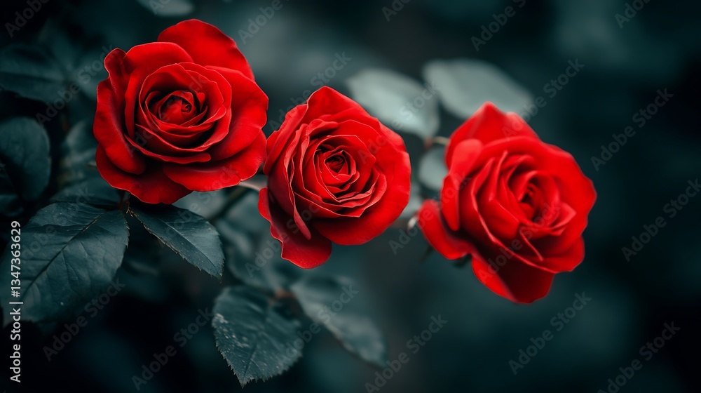 Three red roses blooming with leaves in the garden Three red roses blooming with leaves in the garden