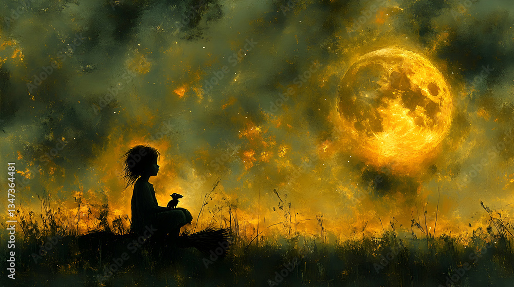 Silhouetted child sits amidst fiery sunset, gazing at a large, glowing moon. A small object is held in their hands Silhouetted child sits amidst fiery sunset, gazing at a large, glowing moon. A small object is held in their hands