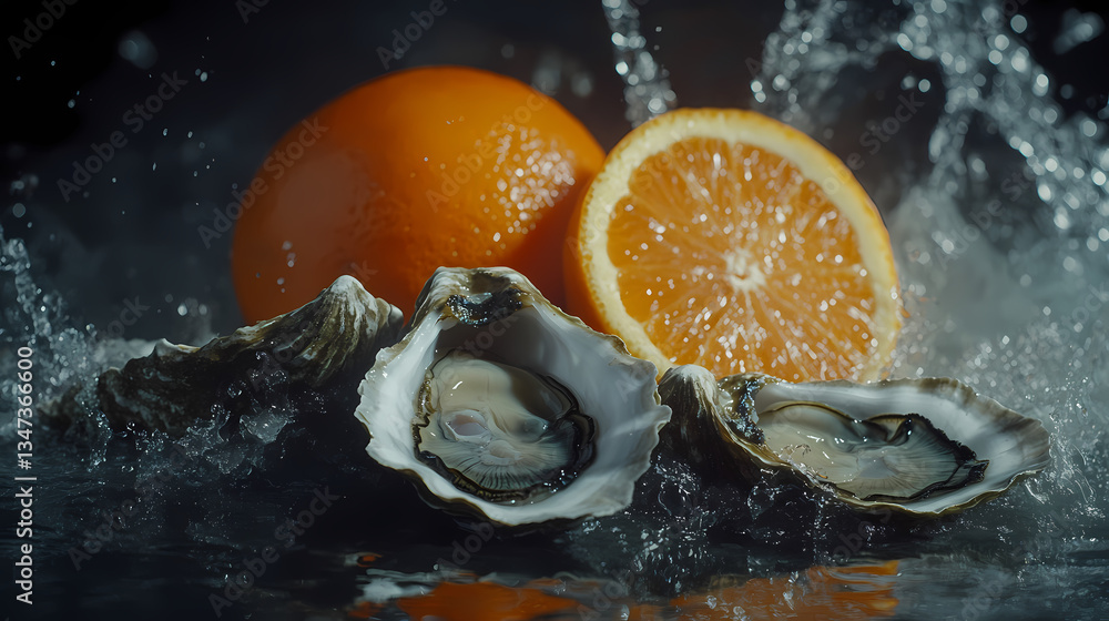 Ocean's Bounty: Oysters and orange with water splash, capturing the freshness. Ocean's Bounty: Oysters and orange with water splash, capturing the freshness.